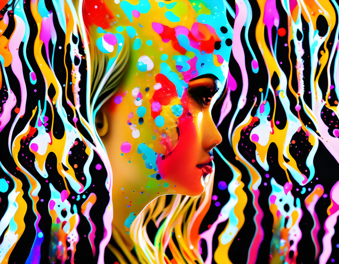 Colorful Digital Artwork: Side Profile with Dripping Paint Effects