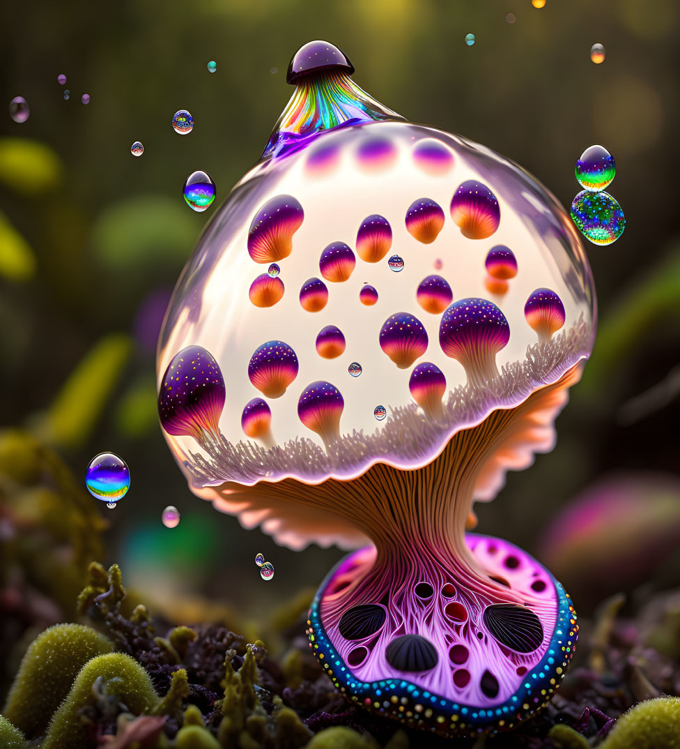 Colorful iridescent mushroom with bubbles on blurred background