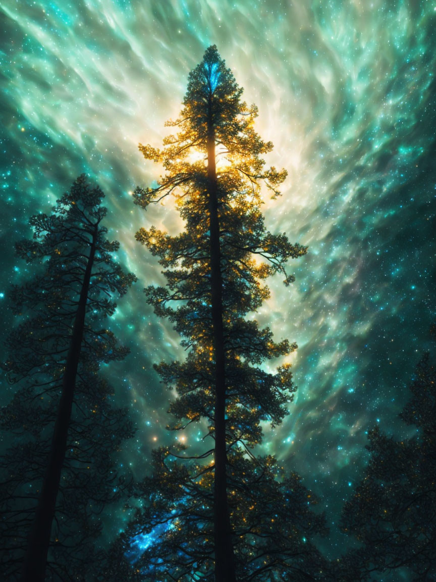 Silhouetted tall trees under stunning night sky with cosmic clouds and stars.