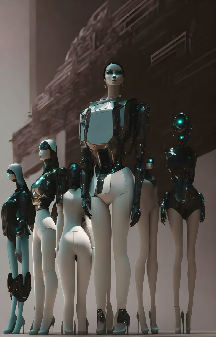 Row of Five Humanoid Robots in Dark to Light Shades on Hazy Background