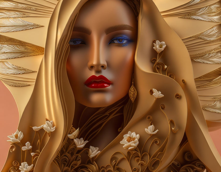 Woman with Golden Shawl, Flowers, Feathers, Blue Eyeshadow, Red Lips