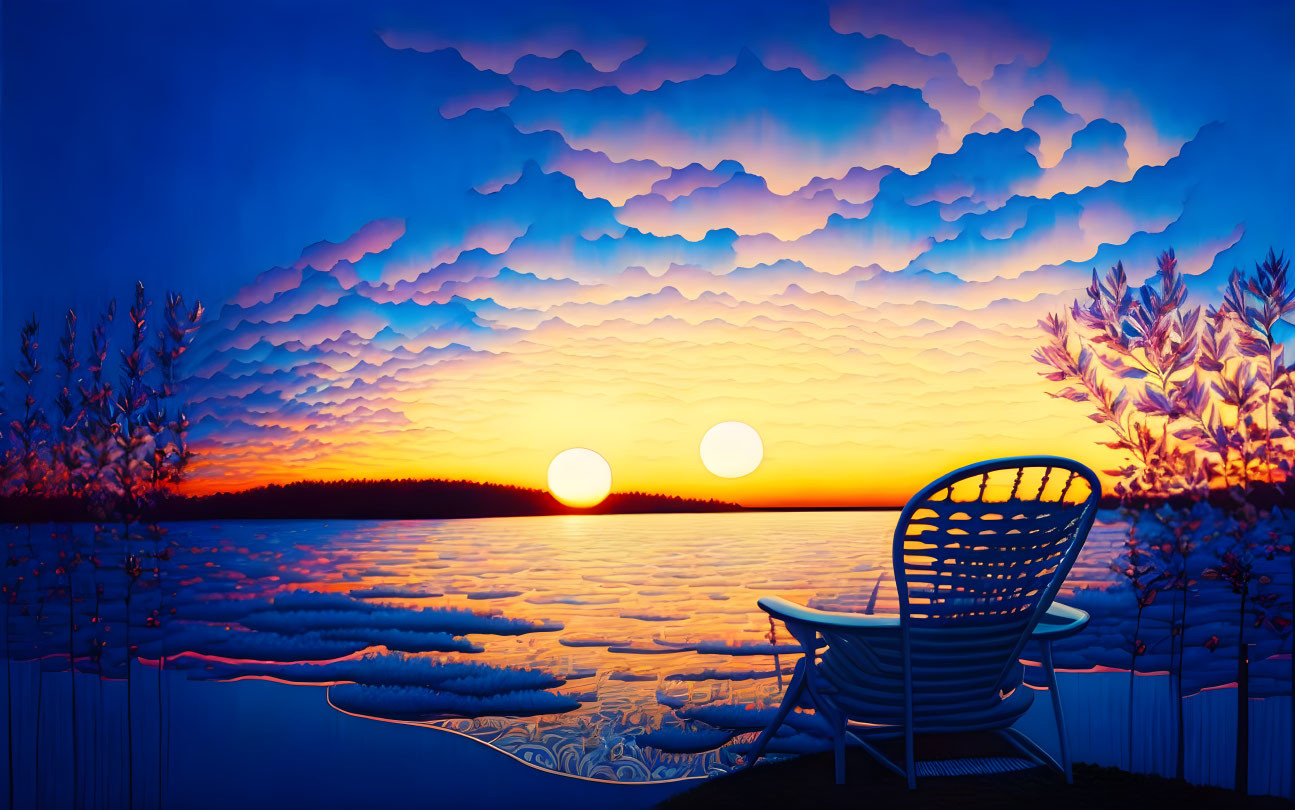 Dual suns lakeside sunset artwork with chair silhouette in vivid blue and orange.