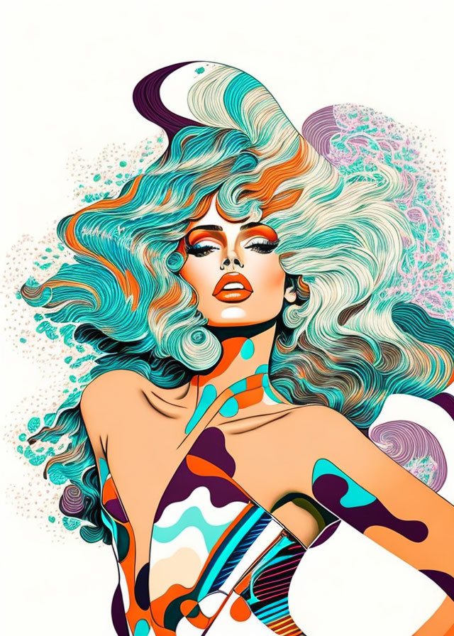 Colorful illustration of woman with aqua and purple hair and abstract bodysuit