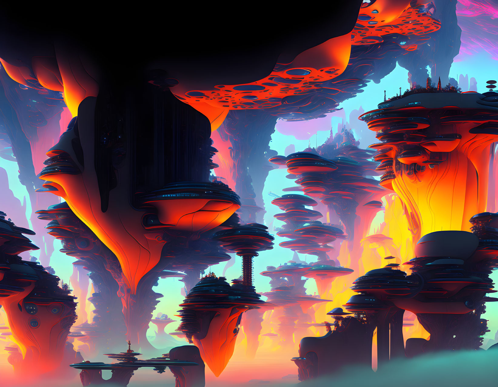 Vibrant sci-fi landscape with towering alien structures in orange and blue hues