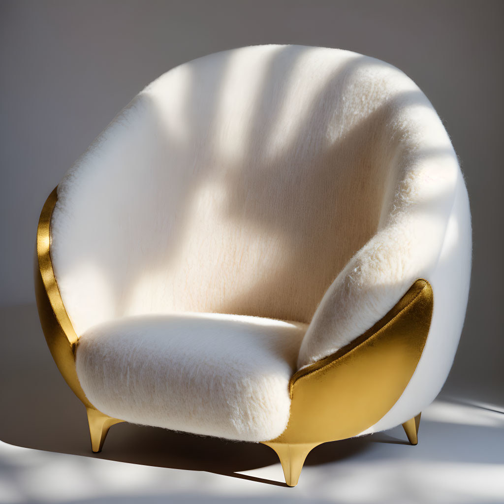 Modern white furry chair with golden accents in soft sunlight