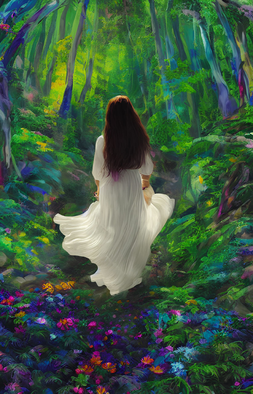 Woman in White Dress Surrounded by Flowers in Sunlit Forest