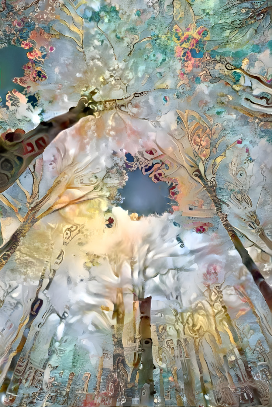looking up into trees, white, aqua, gold retexture