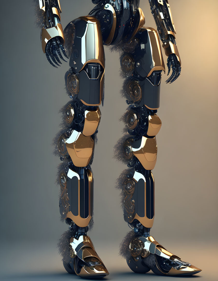 Detailed humanoid robot with shiny finish and intricate joint design on neutral backdrop