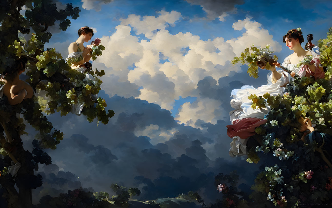Classic painting of three women in flowing garments among grapevines under dramatic sky