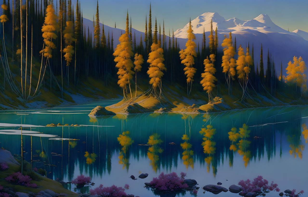 Scenic Mountain Lake with Golden Forests and Snow-Capped Peaks at Twilight