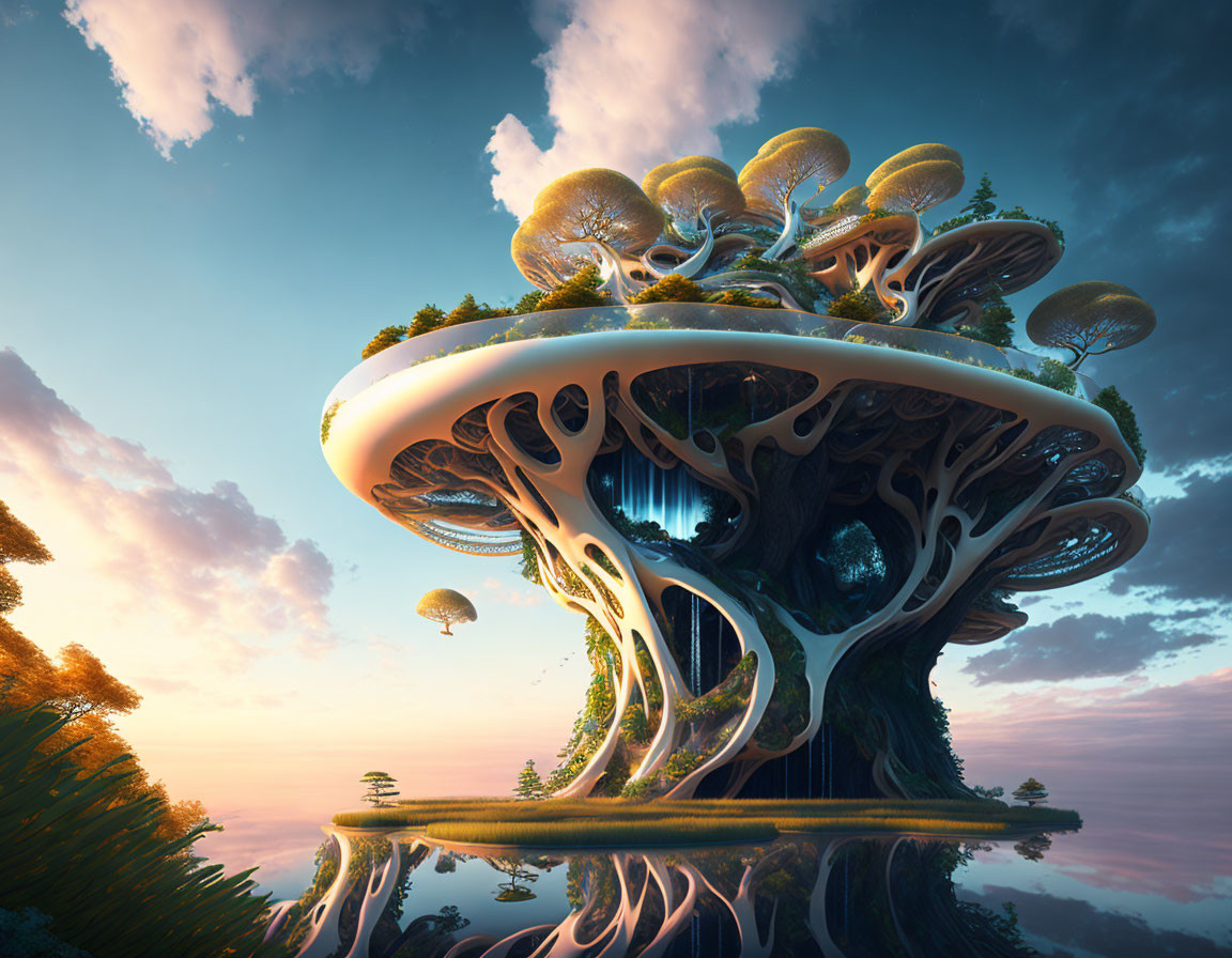 Fantastical tree with broad mushroom canopy in serene landscape