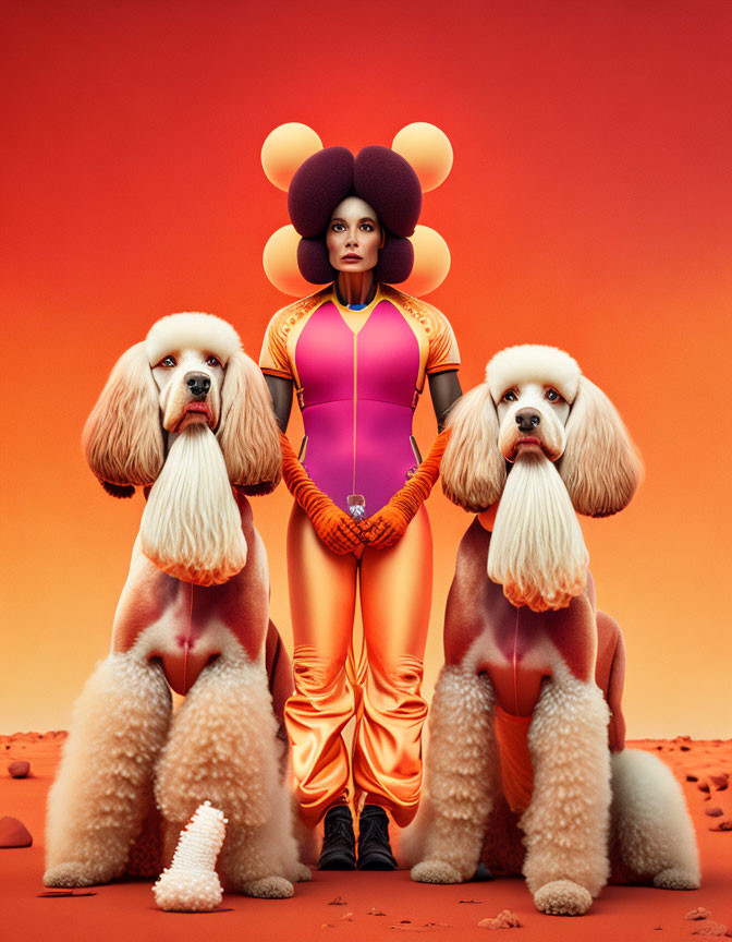 Colorfully dressed woman with poodles on orange backdrop - surreal vibe