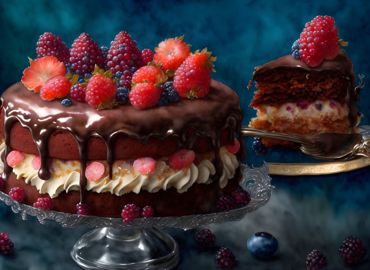 Decadent layered chocolate cake with creamy filling and glossy ganache, topped with fresh berries