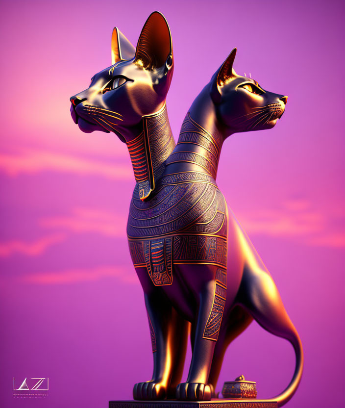 Stylized Egyptian cat statues with intricate patterns on purple backdrop