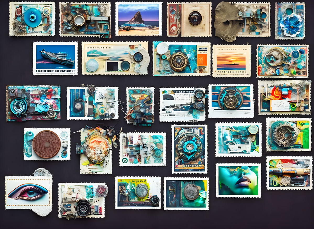 Diverse Stamp-Like Images: Vintage Cameras, Vehicles, Landscapes