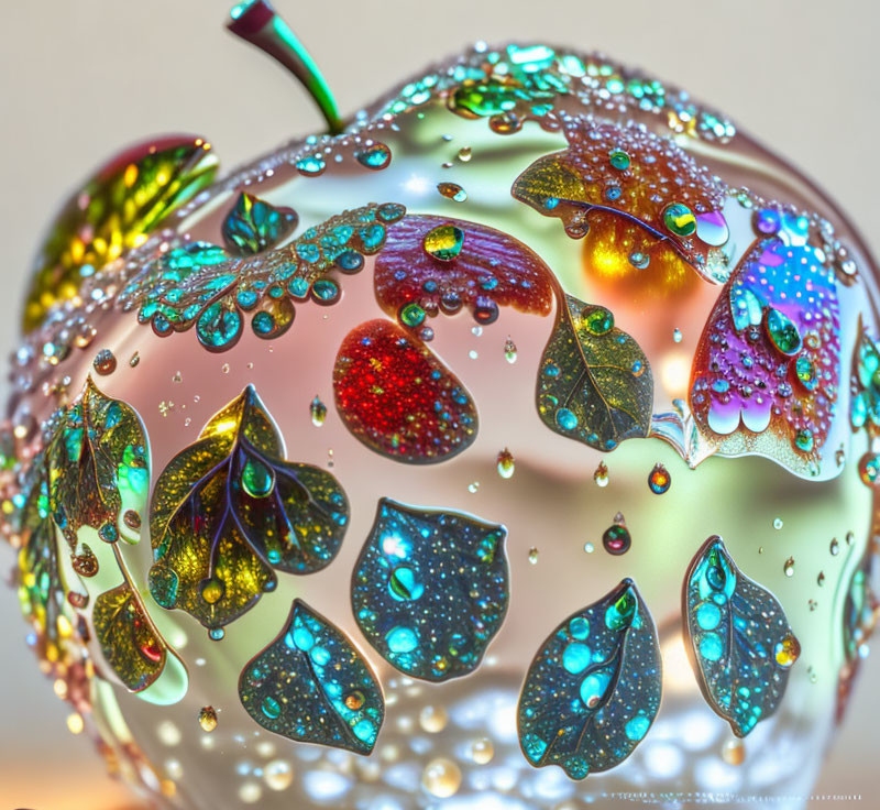 Close-Up Photo: Dew-Covered Apple with Leaf Patterns