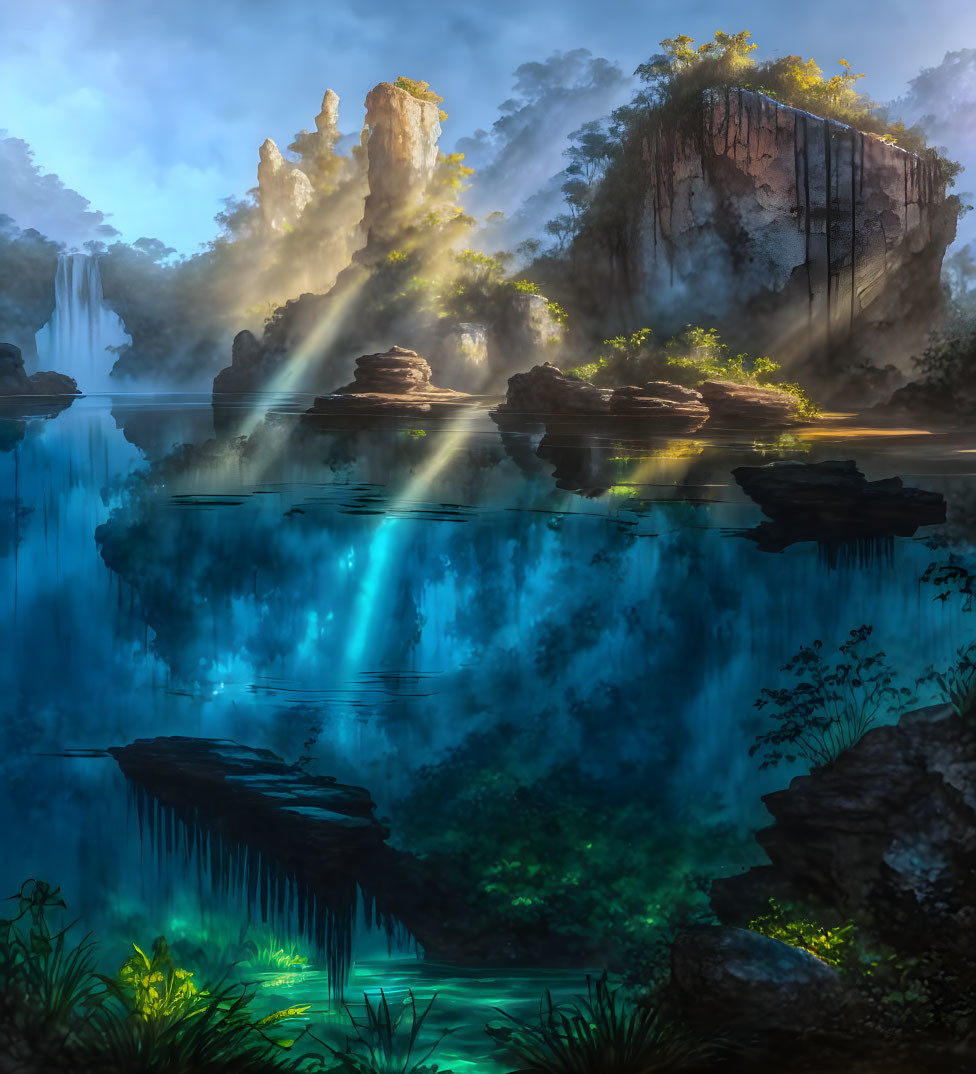 Enchanted Forest with Serene Lake, Waterfalls, and Cliff Formations