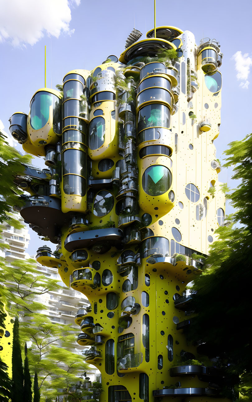 Futuristic yellow building with tube-like structures and green-tinted windows in nature setting