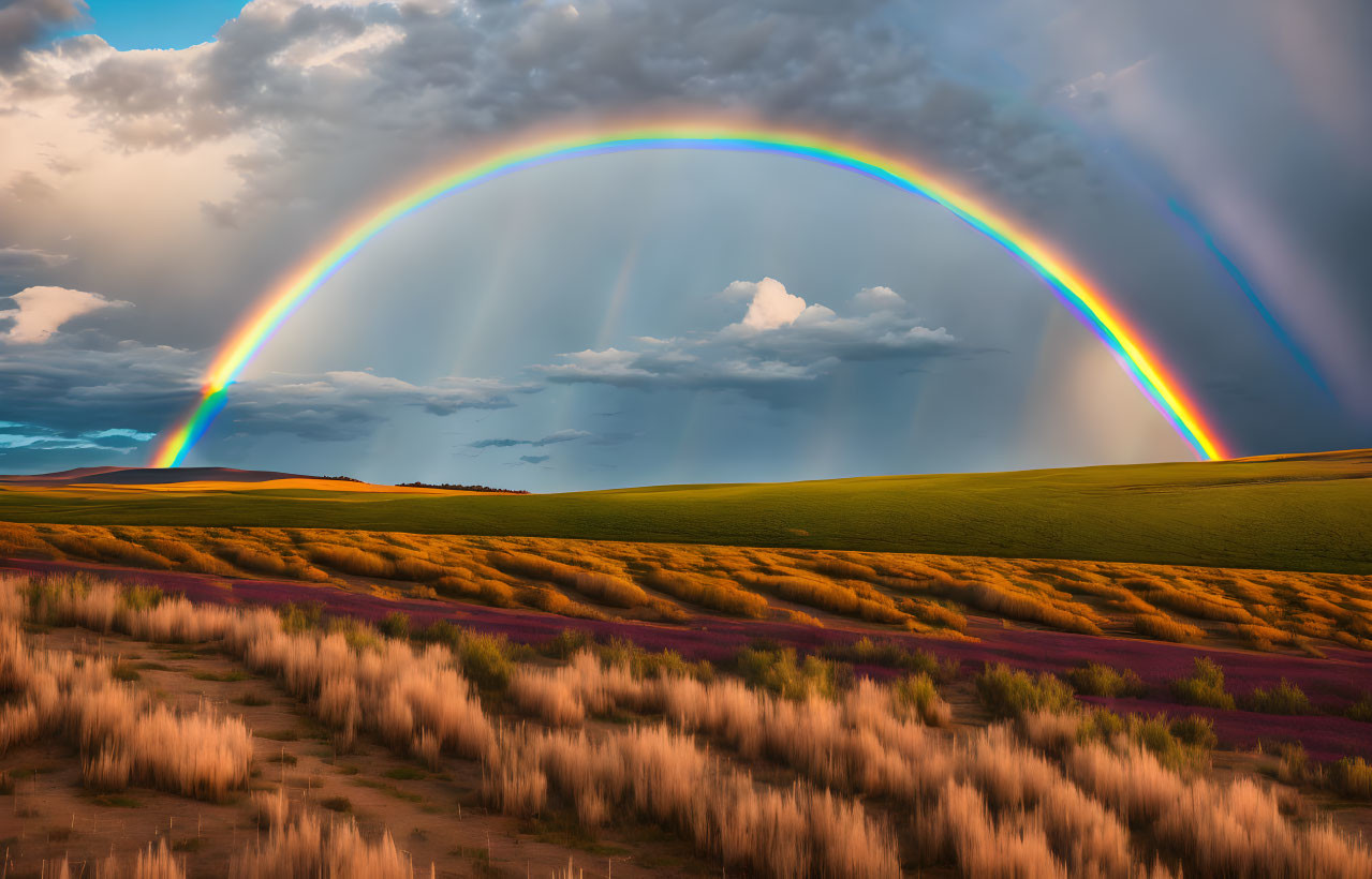 Vivid double rainbow over golden field under stormy sky