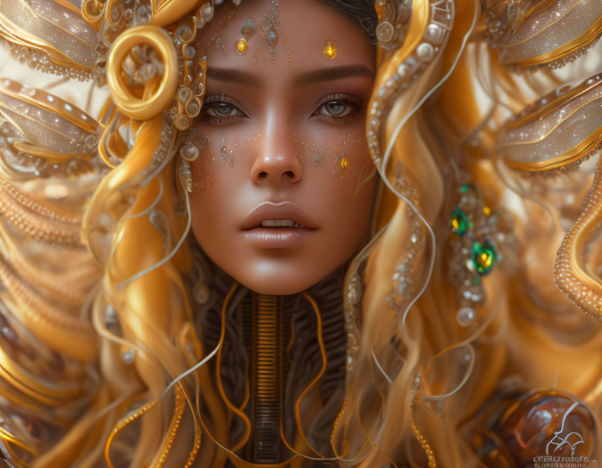 Fantasy portrait of woman with golden headdress and amber eyes