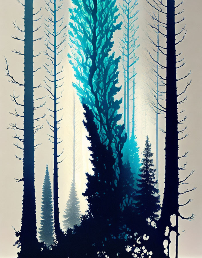 Stylized forest illustration with tall silhouetted trees on gradient background