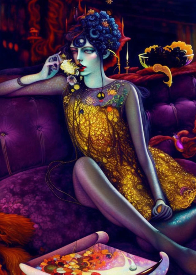 Stylized woman with blue hair in yellow dress on purple couch with flower