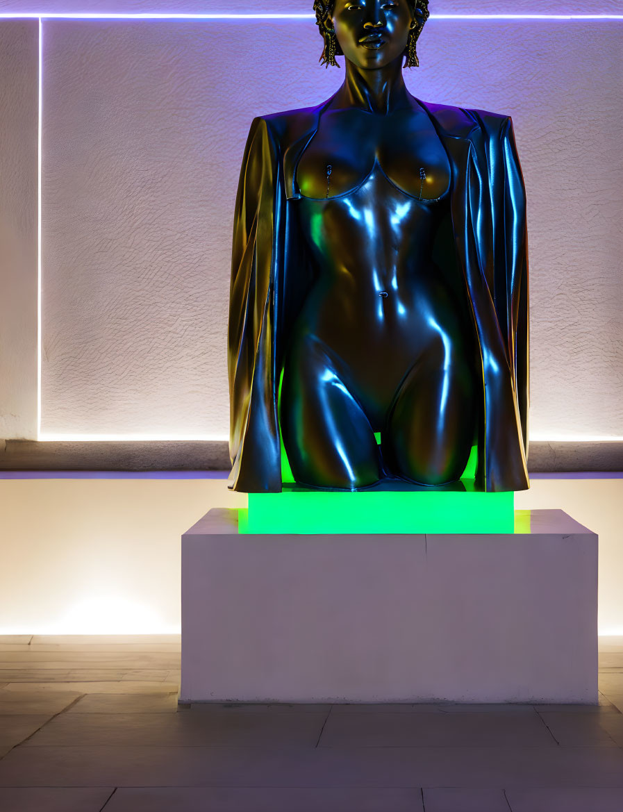 Shiny metallic female statue under purple and green neon lights