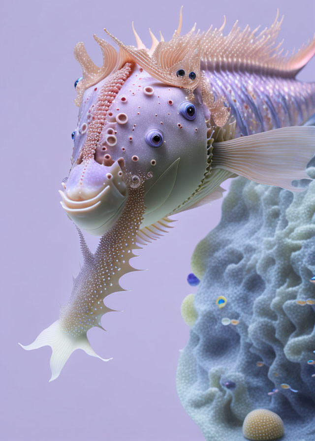 Colorful Fish with Human-Like Features and Coral in Surreal Art