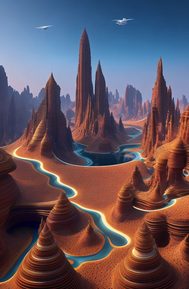 Surreal landscape with red rock spires, blue rivers, and futuristic white ships