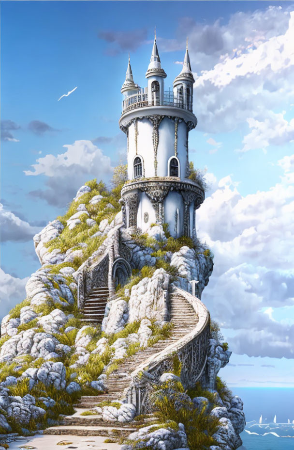 Whimsical castle with twin spires on rocky cliff by the sea