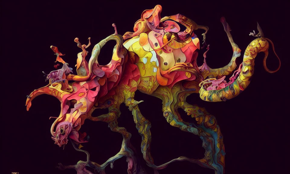 Colorful surreal dragon-like creature illustration with whimsical features