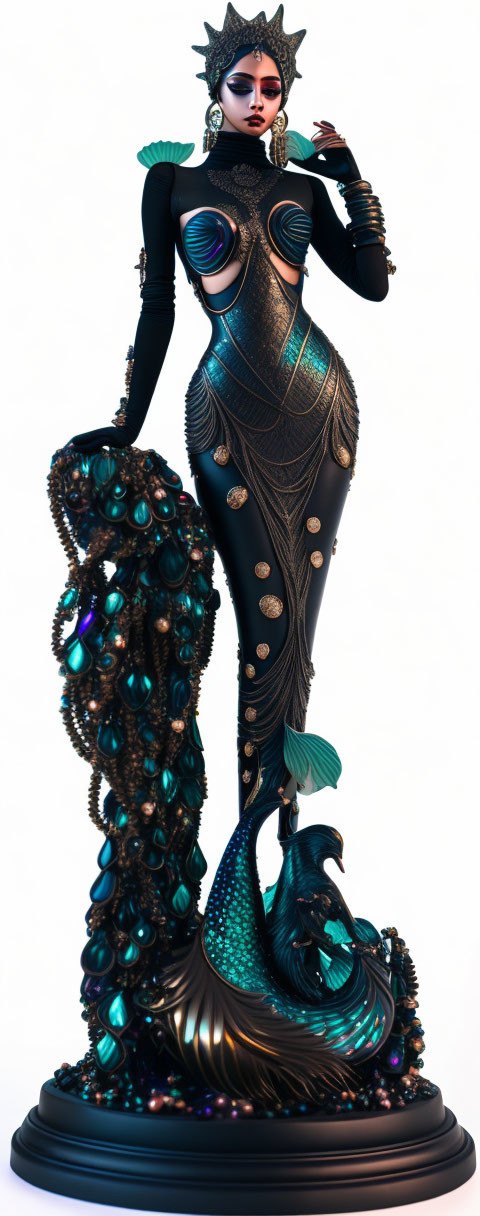 Stylized digital artwork of female figure in black and teal costume with peacock feather accents