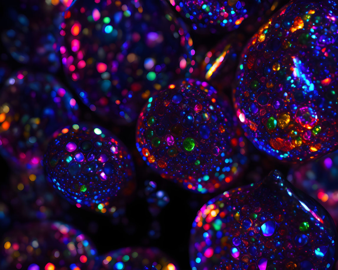 Colorful illuminated glitter balls on dark background: vibrant bokeh effect