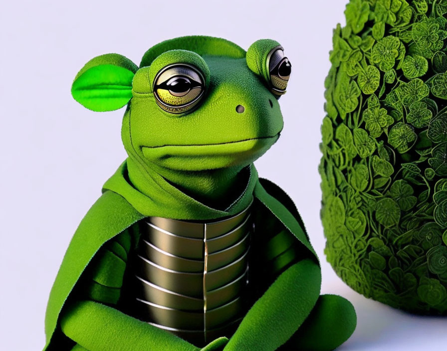 Green animated frog character in metal armor beside clover-covered sphere