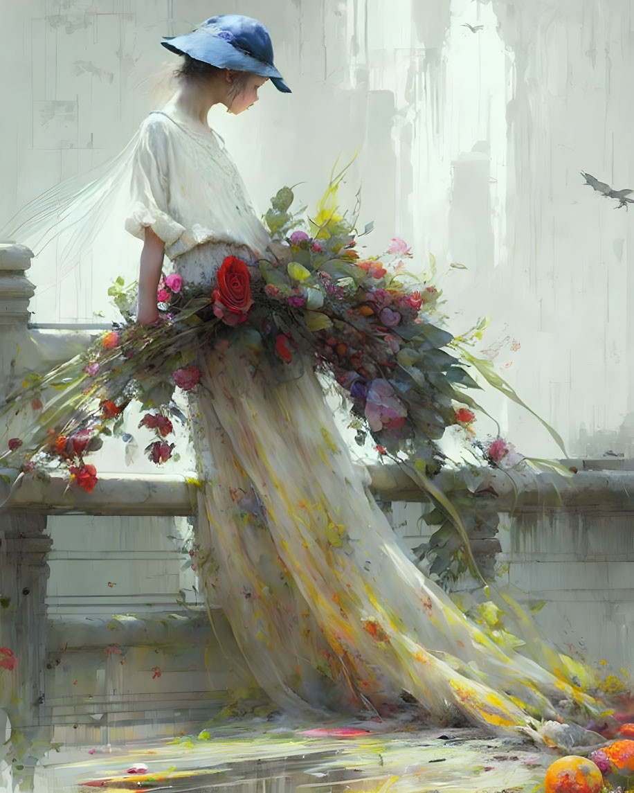 Person in white dress holding overflowing bouquet on balcony with red rose - serene image.