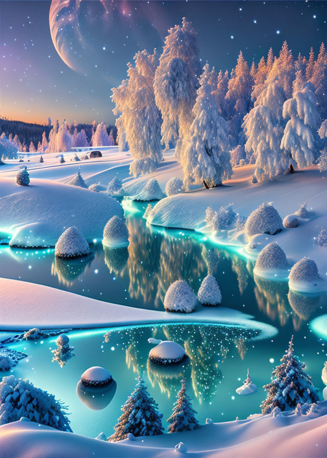 Snowy Night Scene: Winter Landscape with River, Glowing Lights, and Giant Planet