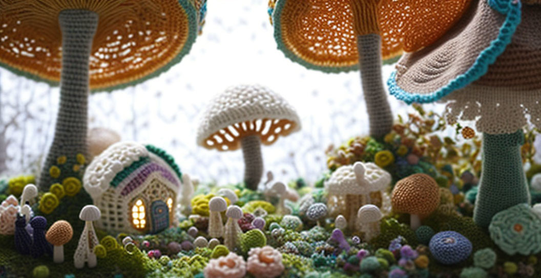 Crochet landscape with mushrooms, house & vibrant flora