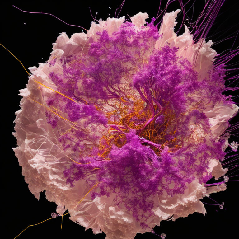 Detailed 3D Rendering: Cancer Cell with Purple Filaments on Dark Background