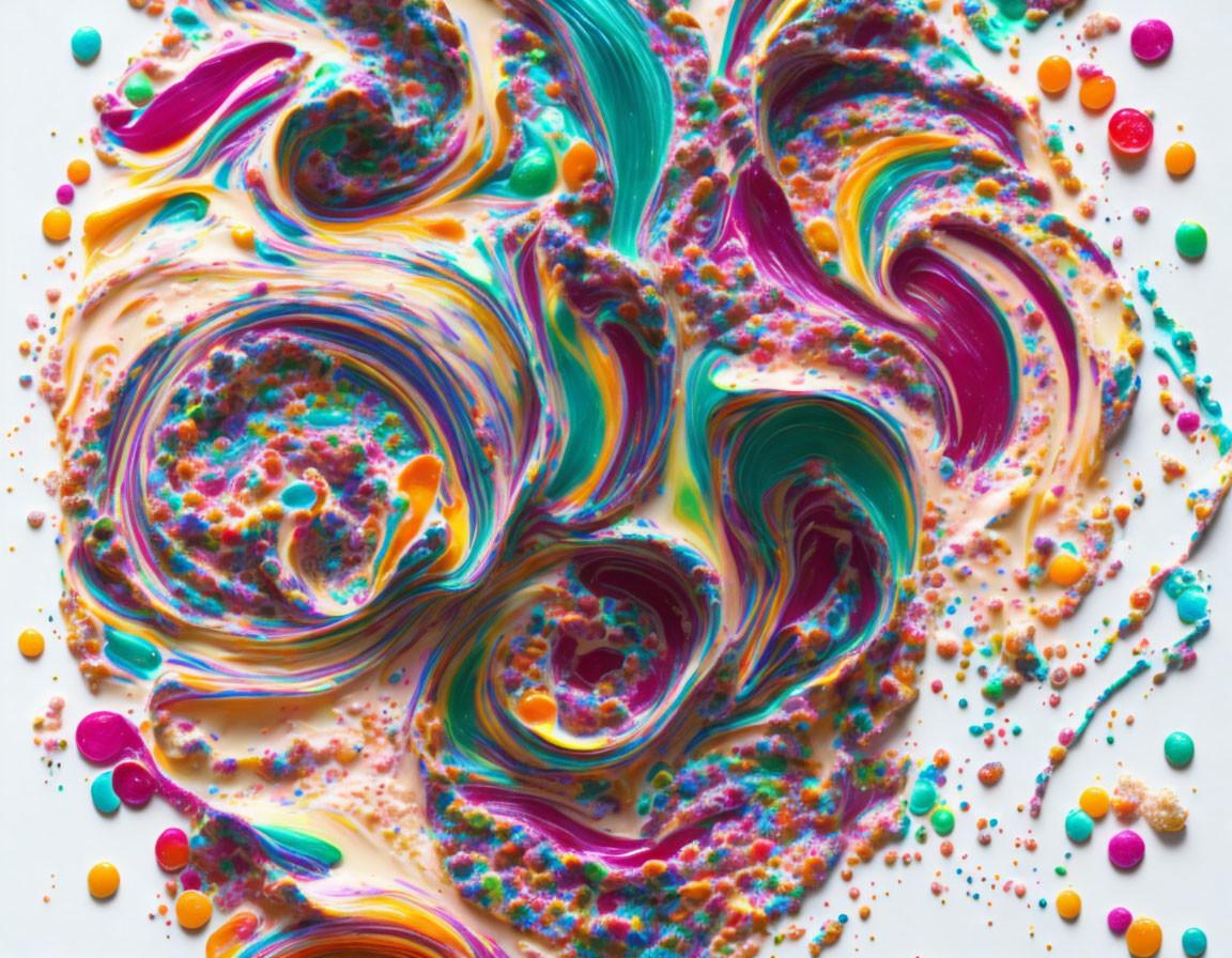 Colorful abstract painting with swirling paint and scattered beads on white surface