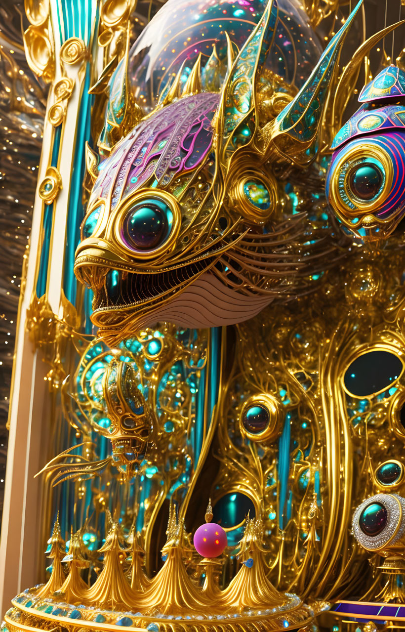 Intricate golden sculpture with multicolored orbs and fantastical elements