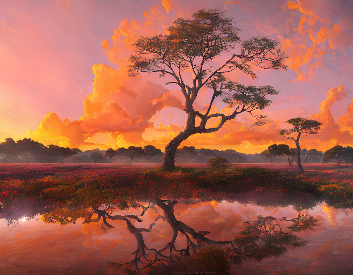 Vibrant landscape with lone tree, fiery sky, and red foliage