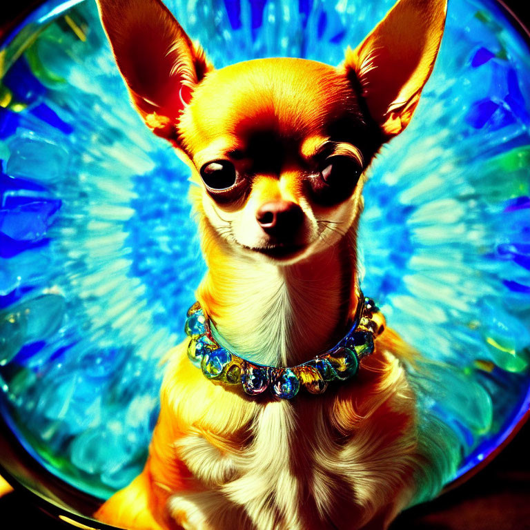 Chihuahua in Bejeweled Collar Poses in Blue Glass Bowl