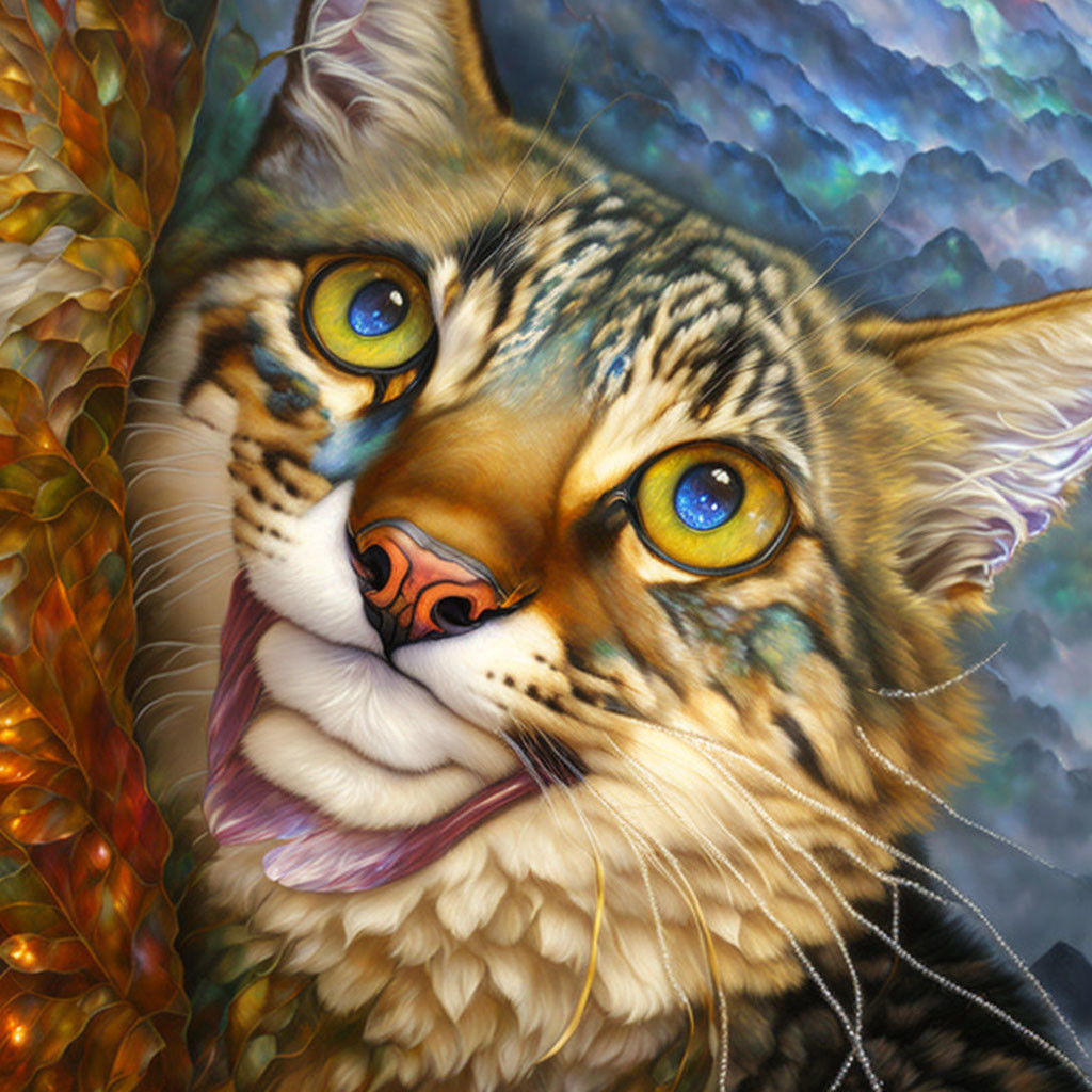 Anthropomorphic feline with amber eyes on surreal background