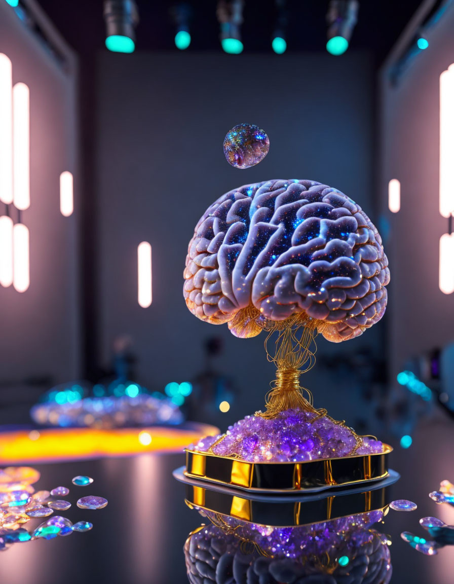 Vibrant surreal brain imagery with floating lights and gem-like structures