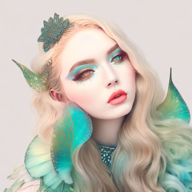 Portrait of woman with butterfly wings for ears and feathered accessory, vibrant makeup, and wavy hair