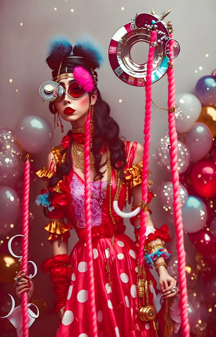 Colorful Woman in Whimsical Costume with Accessories and Balloons