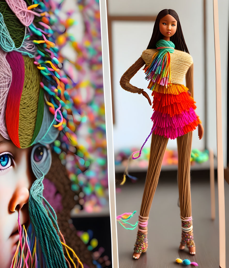 Fashionable Knit and Fringe Outfit Doll with Colorful Threads and Child's Face in Image