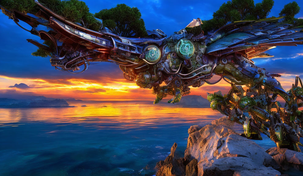 Futuristic mechanical dragon over ocean at sunset