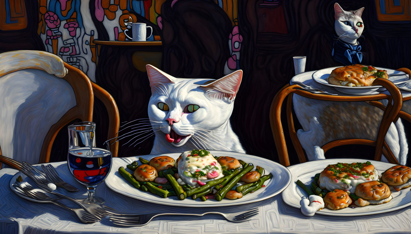 Two cats at dining table with vibrant colors