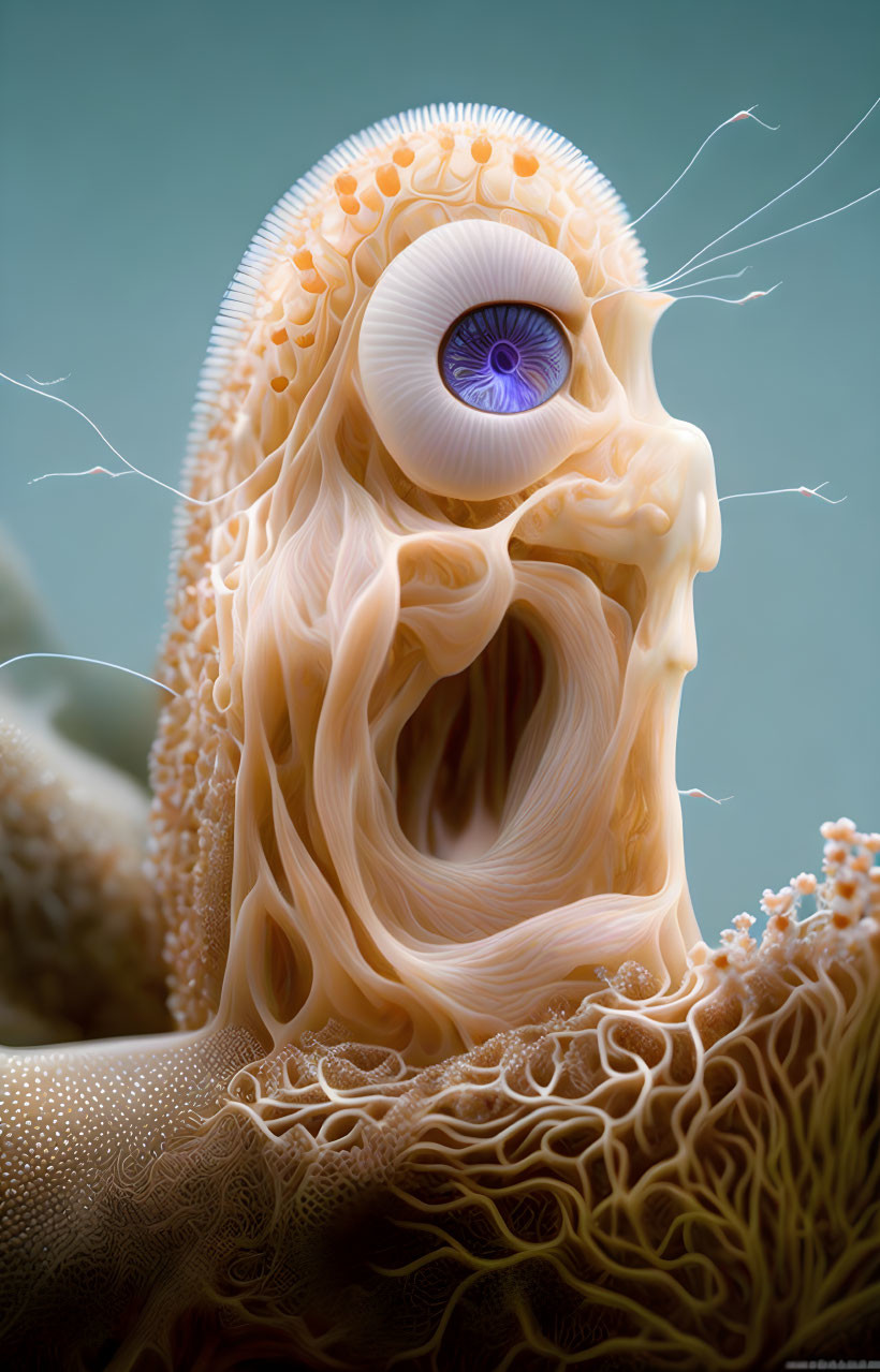 Detailed Marine Organism Illustration: Prominent Eye, Textured Body, Fine Filaments